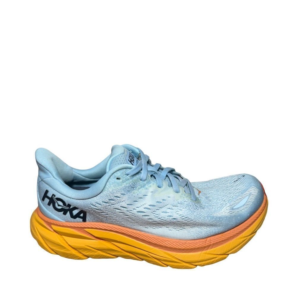 HOKA Women's Light Blue Running Yellow-Orange Sole Clifton 8 wide size 8D - Picture 1 of 7